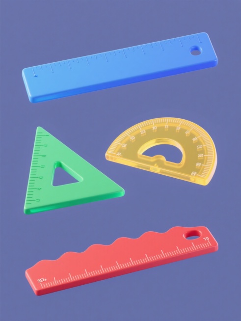 纯色背景上，四个不同造型的3D风格尺子素材集合规整排布。每个尺子都具有鲜明的3D质感，表面光滑，带有清晰的刻度线。第一个尺子是经典直尺造型，整体呈蓝色，边缘有柔和的倒角；第二个尺子为三角尺形状，采用绿色调，边角锐利；第三个是量角器造型，呈黄色，半透明材质；第四个尺子设计成波浪形边缘，颜色为红色。所有尺子保持原有的测量工具属性，通过不同的色彩和造型展现多样性，整体布局整齐有序，具有现代设计感。预览效果