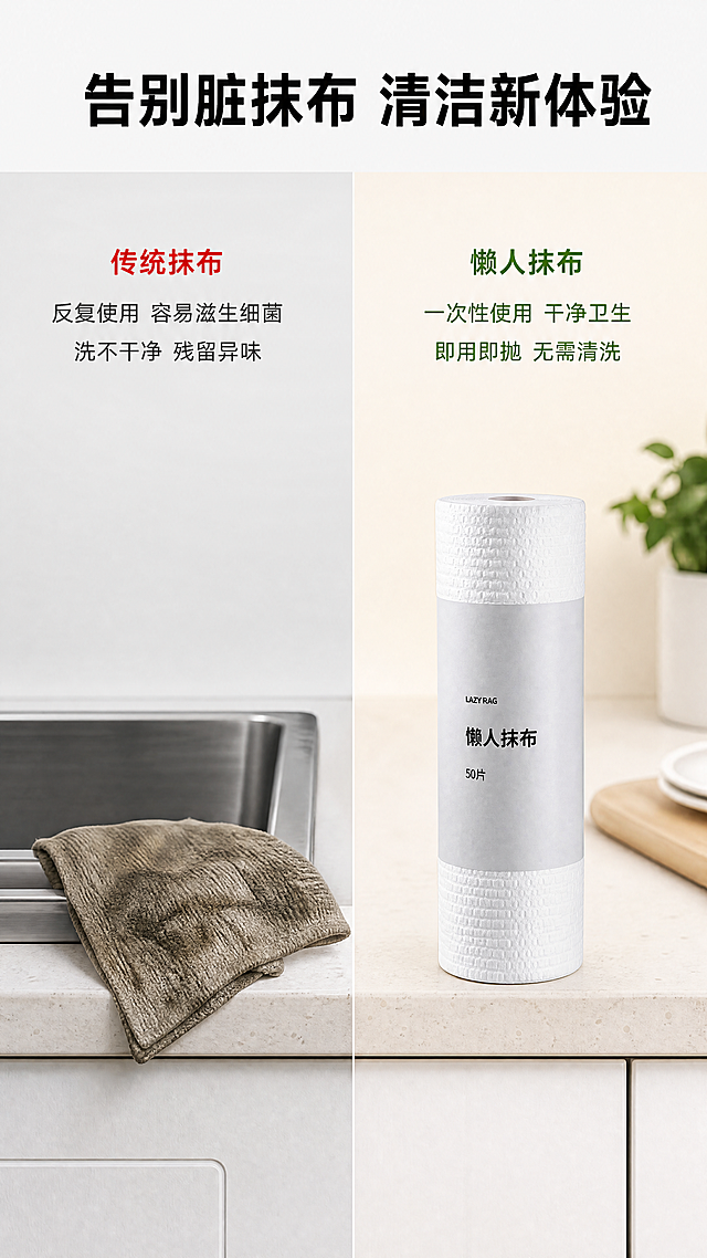 [第2屏] 传统脏抹布vs懒人抹布痛点对比展示页。
[氛围/风格] 清晰对比风，简洁明了，真实克制，符合淘宝详情页浏览体验，商业平面设计质感。
[元素布局] 画面左右平分对比布局：左屏展示使用传统抹布的痛点——发黑发黄的旧抹布搭在水池边，场景真实但不恶心；右屏展示本品白色卷装懒人抹布摆放在干净整洁的厨房台面上，保持产品外观结构颜色纹理与输入产品图完全一致。左右均有标题和说明文字区域，背景分左右浅灰和浅米白两个渐变区域。
[光影质感] 整体均匀布光，左右光照一致，产品和场景细节清晰，无生硬阴影，明暗层次自然。
[配色色系] 全局底色#F8F8F8；左侧痛点区浅灰调，右侧产品区浅米调；文字主色#333333黑色，痛点标签红色，产品卖点绿色。
[视角构图] 左右对比构图，正面平视，各占50%画面宽度，主体分别在左右区域中部，文字分别在上下区域，阅读动线从左到右自然对比。
[文字版式] 顶部通栏大标题「告别脏抹布 清洁新体验」黑色粗体居中；左侧痛点区标题「传统抹布」红色小字，下方卖点「反复使用 容易滋生细菌」「洗不干净 残留异味」；右侧产品区标题「懒人抹布」绿色小字，下方卖点「一次性使用 干净卫生」「即用即抛 无需清洗」，文字清晰排版整齐，不遮挡主体产品。
[比例分辨率] 9:16竖版比例，4K分辨率，文字清晰可辨，超高清。
[负向提示词] 产品变形，颜色偏差，文字错乱，过度恶心画面，水印，产品模糊，背景杂乱，违规表达。