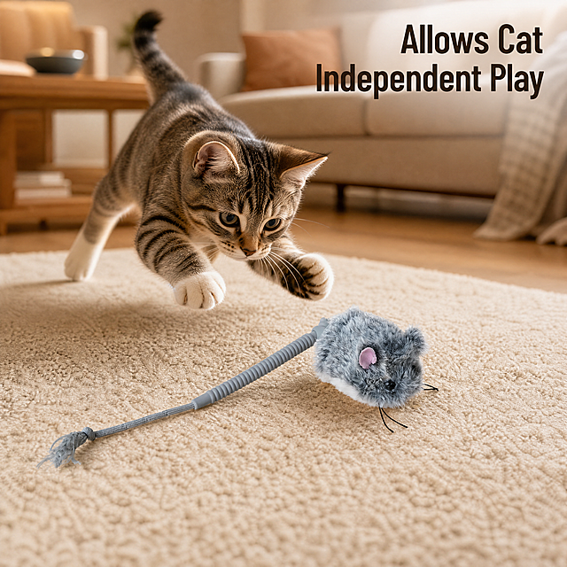 [主图-4] Scene display of cat playing with interactive mouse toy in living room. [氛围风格] Warm interactive real scene style, comfortable and warm atmosphere. [画质] Commercial photography texture, soft and transparent light, clear and realistic product, clean and advanced picture. [元素] A domestic cat is chasing and playing with the interactive mouse toy on the living room carpet, the toy is in the center of the foreground, the cat is in a dynamic pouncing posture, the background is a simple warm home living room, sofa and coffee table are softly blurred. Keep the appearance (physical structure, material texture, color) of the product in the input image absolutely consistent, eliminate any deformation and color difference, and perform detailed processing. Product accounts for 60%-70% of the picture, the picture is full-screen without borders. [光影] Natural indoor soft light, warm light temperature, clear dynamic sense, comfortable light shadow. [配色] Warm home color matching, main color beige carpet and wood color, auxiliary product gray. [视角构图] Slightly overhead view, front focus on the toy, cat as the dynamic focus, deep level. [文字版式] No Chinese characters allowed. Place "Allows Cat Independent Play" in the upper right negative space, text clear and readable. [比例分辨率] 1:1 ratio, 4k resolution; text is clear and sharp, picture is ultra HD. [negative prompt] Deformed, watermark, text disorder, blurred product picture, messy background, Chinese characters.
