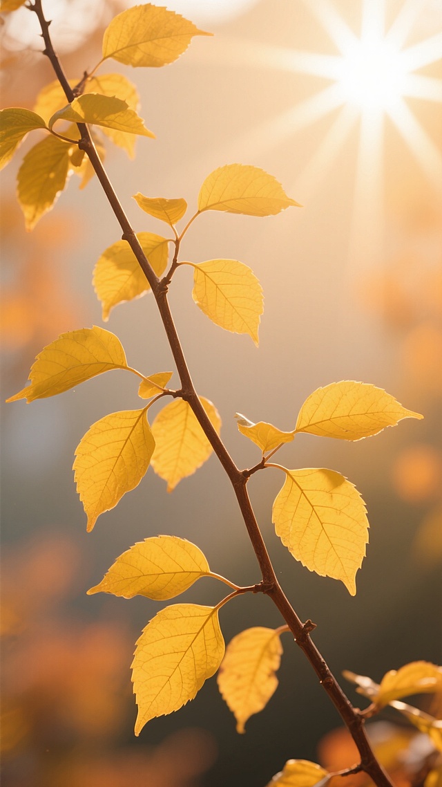 清晨阳光下的树枝特写，细长的棕色枝干上挂满了鲜黄色的叶子，叶片脉络清晰可见，阳光从右上角照射下来形成明亮的光晕和星芒效果，背景是柔和模糊的橙黄色调，充满温暖治愈的氛围，浅景深处理，画面清新自然，光线充足，色彩明亮通透，树叶边缘有轻微的高光，整体色调统一为温暖的橙黄色系。