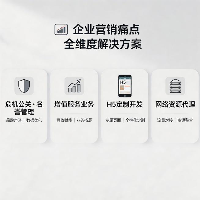 增值服务业务插图，危机公关名誉管理数据优化，H5定制网络资源代理，全维度解决企业营销痛点，简约商务服务风格预览效果