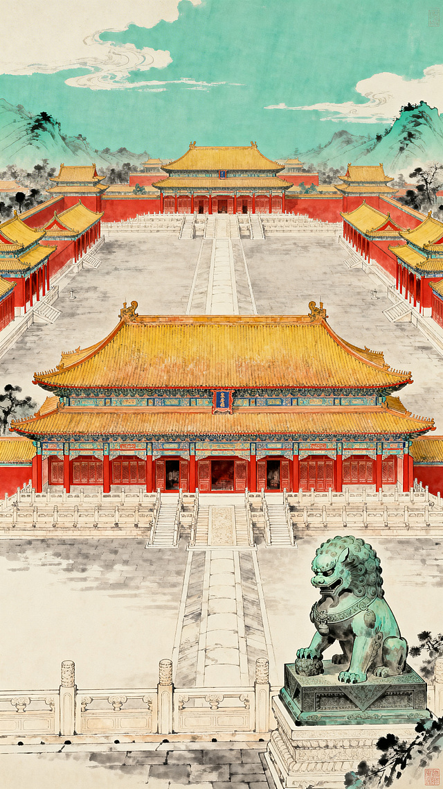 国画风格的明清故宫宫殿海报，纯国画色调，不要添加任何文字。故宫整体布局中轴对称，前朝后寝，布局规整主次分明。建筑特点突出红墙黄瓦屋檐，展现色彩与细节之美，体现木构榫卯结构与精巧斗拱，高台基搭配大庭院气势恢宏，太和殿前矗立铜狮展现皇权威严，整体气势恢宏，兼具礼制象征，用传统国画风格呈现