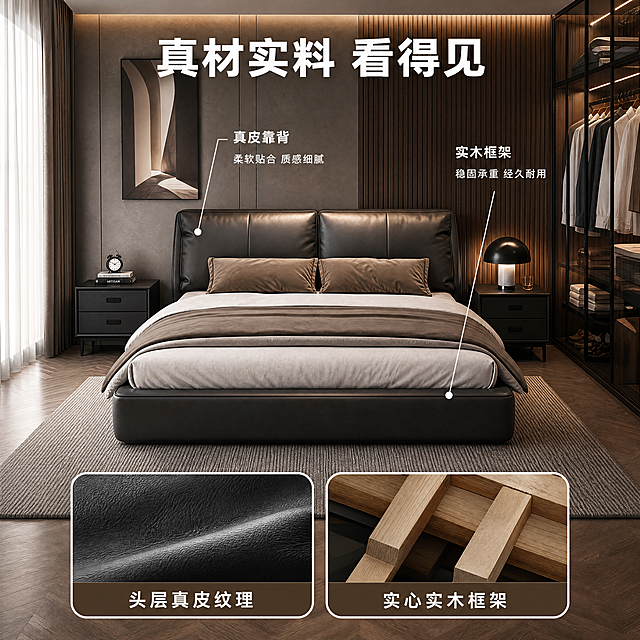 [主图-2] 结构与用料展示-真皮双人床实木框架核心卖点。
[氛围风格] 现代轻奢真实居家场景；
[画质] 商业摄影质感、光线柔和通透、产品清晰真实、画面干净高级。
[元素] 优雅黑真皮双人床整体场景展示，以引线标注点明实木框架和真皮靠背位置。保持双人床外观（物理结构、材质质感、颜色）与输入产品图绝对一致，杜绝任何变形和色差，精细化处理。商品主体占比严格控制在60%-80%之间；画面满屏无边框。底部两个圆角画中画框，分别放大展示真皮纹理和实木框架截面细节。
[光影] 午后暖调自然光，主辅光分明，材质高光自然，细节清晰可见。
[配色] 主色调高级黑搭配原木色，整体配色和谐统一。
[视角构图] 正面平视整体展示，七三分构图，上部主体，下部细节，层次清晰。
[文字版式] 顶部居中主标题大字加粗 "真材实料 看得见"，上下排列。每个画中画内底部标注对应名称："头层真皮纹理" 和 "实心实木框架"，细线引线对应主体位置。文字清晰不遮挡产品。
[比例分辨率] 1:1 比例，4k 分辨率；文字清晰锐利，画面超高清。
[负向提示词] 变形，水印，文字错乱，产品图模糊，背景杂乱
