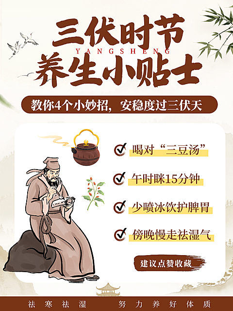 三伏天中医养生科普国风水墨风格小红书封面