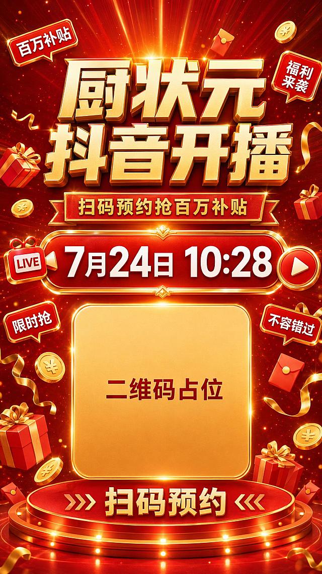 基于参考图的直播预告海报风格，修改时间为24号10:28，整体保持红金喜庆大气的直播预告风格。画面比例9:16竖版，8K超高清画质。

画面内容：

背景：深红色渐变背景，顶部放射状金色光束，飘散的金色光点、金币、红包、礼物盒、金色彩带等元素，热烈喜庆的直播氛围。

左上角：红色标签「百万补贴」，白字。
右上角：红色标签「福利来袭」，白字。

主标题：「厨状元 抖音开播」，超大号金色立体字，金属质感，厚重有冲击力，字重900，视觉重心。

副标题条：金色横幅，红底金字「扫码预约抢百万补贴」，居中。

时间区域（核心修改）：红底金边的大圆角矩形时间牌，左右两侧有LIVE图标和播放按钮图标，中间大字「7月24日 10:28」，白色粗体数字，字号最大，醒目突出，周围有金色光晕效果。

左侧标签：「限时抢」红色对话框标签，白字。
右侧标签：「不容错过」红色对话框标签，白字。

中部：大尺寸金色圆角矩形二维码占位框，边框发光，中央标注「二维码占位」深红色文字。

底部：红色发光圆形舞台，舞台上金色大字「扫码预约」，两侧有箭头装饰。舞台底部有灯光点缀。

装饰元素：金币、红包、礼盒、彩带、金色光点、光束、光晕，营造热闹火爆的直播氛围。

所有文字清晰锐利，8K超高清画质。

画面中必须完整呈现以下文字信息：
- 「厨状元」
- 「抖音开播」
- 「百万补贴」
- 「福利来袭」
- 「扫码预约抢百万补贴」
- 「7月24日 10:28」
- 「LIVE」
- 「限时抢」
- 「不容错过」
- 「二维码占位」
- 「扫码预约」

数字校验：「24日」「10:28」所有数字必须精确渲染，不得错位、遗漏或编造。

画面中所有二维码区域使用纯色方块占位符呈现，方块中央标注"二维码占位"文字，严禁生成任何可识别的二维码图案。