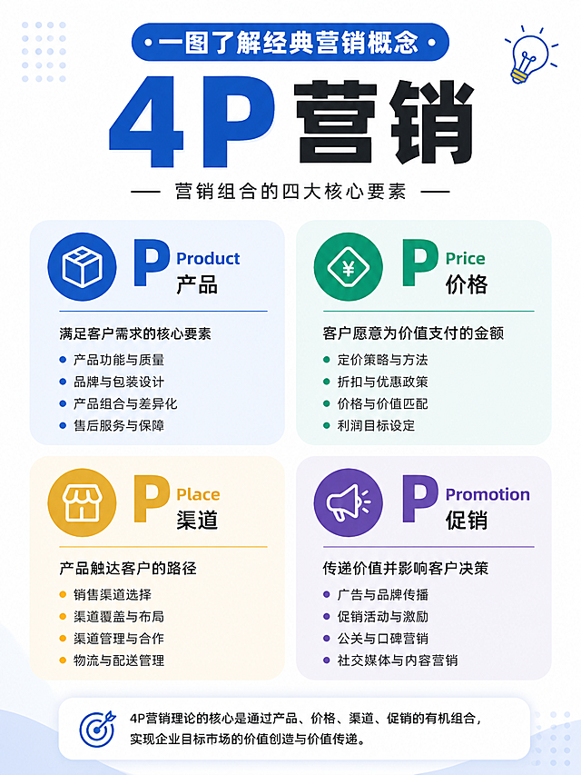 小红书干货分享封面，主题是"一图了解经典营销概念：4p营销"，简约清晰的信息图设计，包含4P营销理论的四个要素Product（产品）、Price（价格）Place（渠道）、Promotion（促销）的清晰模块排版，现代简约商务风格，适合手机阅读，背景干净清爽，文字醒目