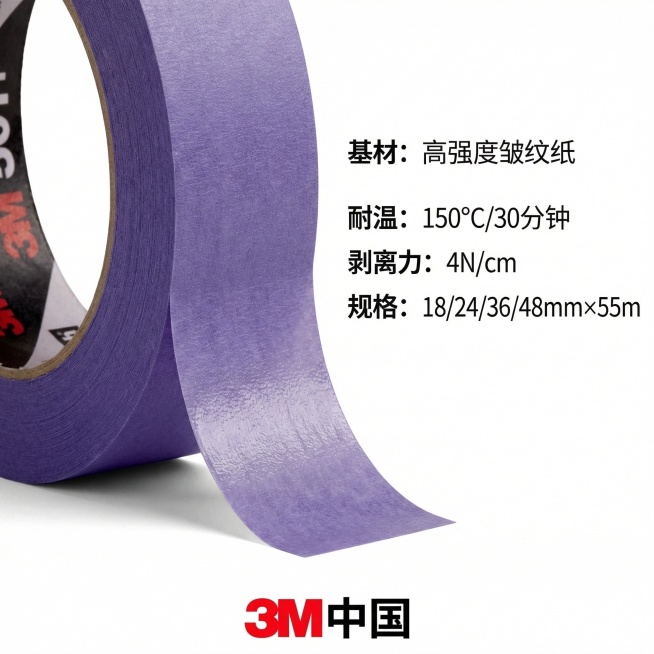 淘宝主图，画面主体为3M 501+紫色耐高温工业遮蔽胶带，展示胶带的细节特写，包括胶带的纹理、粘性面。旁边以清晰的文字列出核心参数："基材：高强度皱纹纸"、"耐温：150℃/30分钟"、"剥离力：4N预览效果