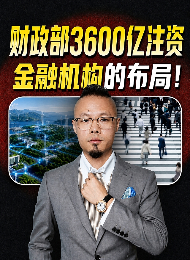 基于参考图进行修改，保留原图的黑红渐变背景、人物形象及位置、人物身后圆角矩形画面框及框内元素全部不变。只修改文字内容：将顶部金色大标题"大批年入百万的家庭"改为"财政部3600亿注资"，金色立体大字效果保持一致；将下方副标题"正在被买房、炒股、投资三件套彻底掏空"改为"金融机构的布局！"，其中"金融机构"标黄、"的布局！"白色的配色风格保持一致。文字是画面视觉重心，突出醒目。文字全部安排在人物上方区域，不遮挡人物脸部和身体。画面中所有数字和文字必须精确渲染，不得错字漏字。其他一切元素与参考图完全相同。