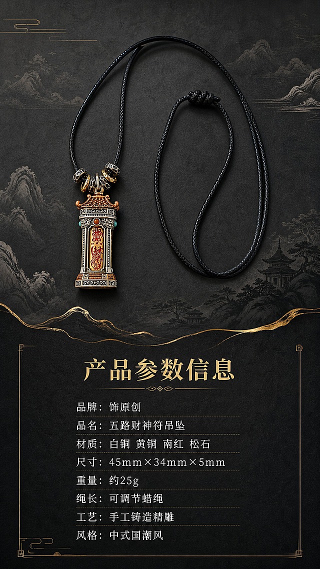 淘宝天猫详情页，9:16竖版，深色中式场景风格，深灰色宣纸纹理背景，水墨山水意境，金色线条装饰。画面上半部分为五路财神符吊坠与黑色蜡绳整体展示，绳结细节清晰，可调节设计突出。下半部分文字区域，金色大标题："产品参数信息"，下方八行白色小字参数："品牌：饰原创 品名：五路财神符吊坠 材质：白铜 黄铜 南红 松石 尺寸：45mm×34mm×5mm 重量：约25g 绳长：可调节蜡绳 工艺：手工铸造精雕 风格：中式国潮风"。整体深色中式高级感，参数信息清晰，不出现包装盒和送礼元素。