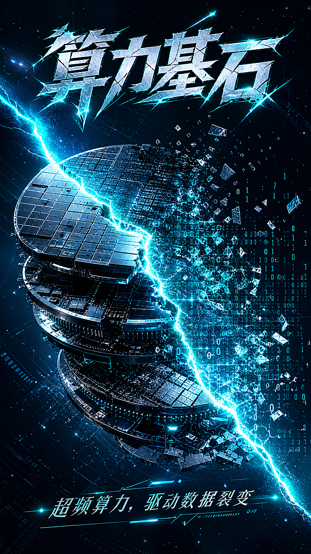 未来科技海报，画面被一道电光青色的能量裂缝斜向切割，充满撕裂感。裂缝两侧是错位堆叠的晶圆芯片，一半是冷峻的金属实体，另一半碎裂成流动的数字光影和二进制代码。背景是深邃的深空蓝渐变，带有几何网格和发光粒子。电影级光影，高对比度，8K超高清。画面上方是撕裂效果的艺术字："算力基石"，底部小字："超频算力，驱动数据裂变"