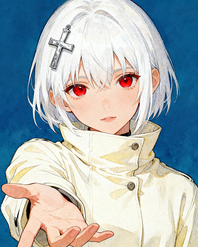 手绘风格动漫少女，保留原伸手姿势，白发红色瞳孔，头上十字架银色，米白色高领风衣，偏白黄种人肤色，精细手绘画面