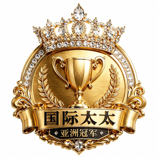 国际太太亚洲冠军徽章，顶部为璀璨钻石皇冠，中部为金色奖杯，金属拉丝材质，C4D渲染，对称构图，纯白色背景，高清16K，1:1比例