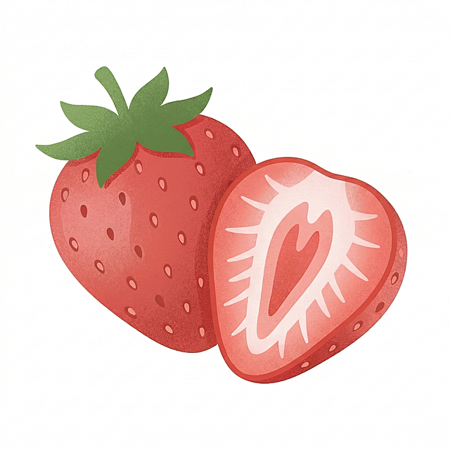 参考当前中等饱和度简约噪点插画风格，生成一颗完整草莓和半颗竖切面草莓，去除半颗草莓上方的叶子，保持原有大体形状和颜色不变，纯色白底背景，保留简约扁平噪点肌理