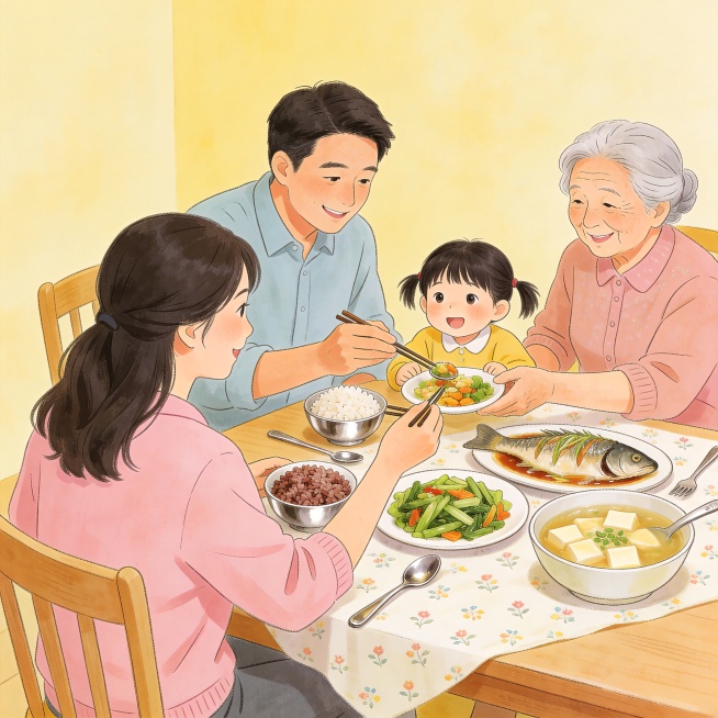 合理膳食日常主题手绘插画，展示一家人共享健康家常餐食的温馨场景，体现合理膳食成为日常的健康生活方式，手绘插画风格，温馨治愈，画面无任何文字预览效果