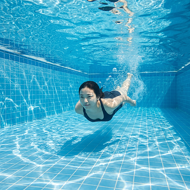 一位年轻的东亚女性在空旷干净的蓝色瓷砖游泳池水下向前游泳，阳光透过清澈的水面形成水波纹光影，清新自然写实摄影风格，干净舒适的水下氛围