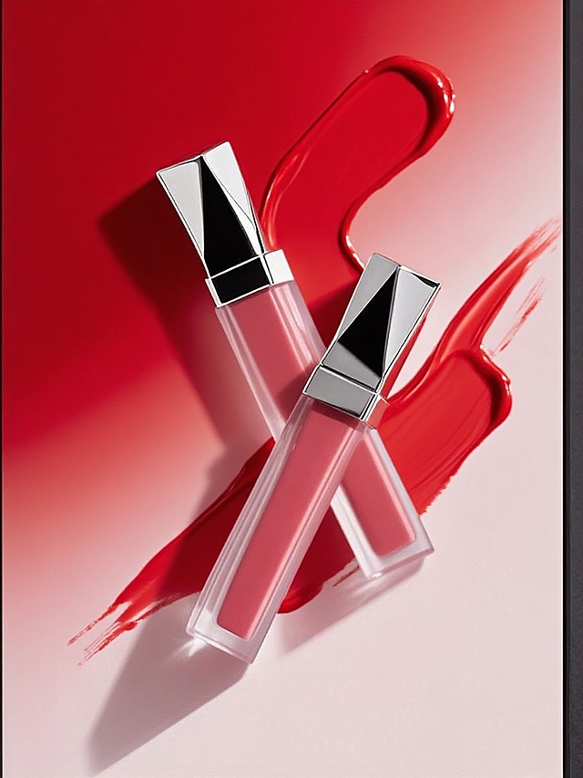 正红色背景（占据画面全部 ），背景融入唇釉涂抹痕迹（位于唇釉后方，呈不规则形状 ）