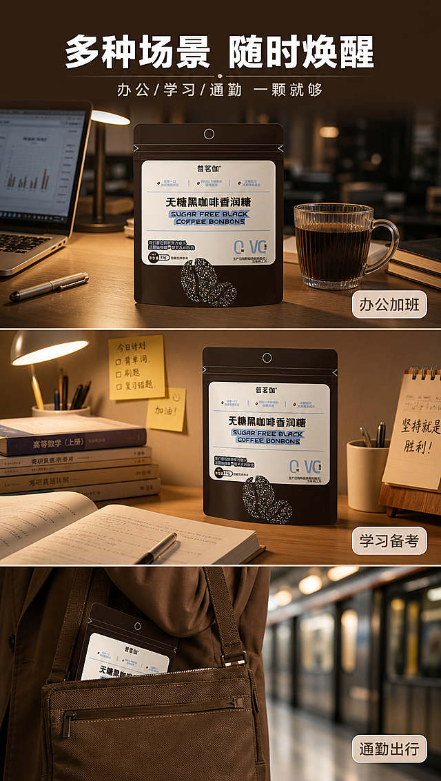 [商品] 使用【图1】普茗伽无糖黑咖啡香润糖袋装产品图；保留所有包装原貌；产品在3个场景中分别出现，每段场景中产品占该段约25%，清晰完整。
[画面] 目标为多场景种草，拓展使用场景；竖拼多段型，画面竖向均分为3段场景：上段=办公桌场景（笔记本电脑旁放产品袋+咖啡杯，办公熬夜氛围），中段=书桌学习场景（书本旁放产品袋，台灯暖光），下段=通勤随身场景（口袋旁露出产品袋一角，便携感）；每段之间用细浅棕色分隔线隔开；3段场景均为暖棕色调，风格统一。
[视觉] 套系策略：风格=现代简约咖啡质感商业摄影风；标题字=粗黑体现代无衬线；正文字=简洁无衬线体；主色=深咖啡棕(#3E2723)；背景延展=每段基于主色做不同场景的暖棕深浅变化，整体色调统一；强调色=浅奶咖色(#D7CCC8)+淡蓝色辅助点缀；标题色=米白色(#FAFAFA)；正文色=浅奶咖色(#D7CCC8)；组件=圆角场景标签、细线分隔；光影=每段场景各自暖柔光，产品清晰。
[文字] 最上方主标题"多种场景 随时焕醒"（8字），副标题"办公/学习/通勤 一颗就够"（12字）；每段场景右下角配场景标签：上段"办公加班"、中段"学习备考"、下段"通勤出行"；文字全部横向排版，标签为圆角小卡片。
[规格] 图片比例9:16竖版，4K分辨率，负向提示：避免场景风格不统一、产品变形、文字竖排、冷色调、虚假功效承诺。