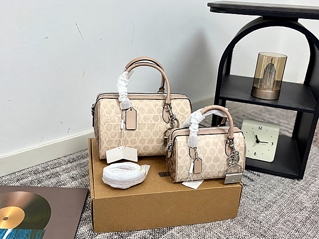 去掉图片中所有的COACH品牌LOGO和文字，包括包身金属LOGO、吊牌上的LOGO文字；将包身的C型老花图案全部替换为均匀排列的圆形圆圈图案，保持包的形状、颜色基调、五金配件、挂饰、背景环境和光影效果不变，整体自然真实