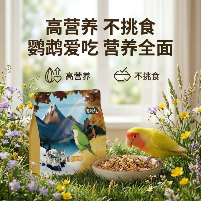 严格还原上传的宠帮仕鹦鹉粮产品图，包括包装设计、颜色、LOGO位置、文字内容、图案元素等所有细节。主标题是"高营养 不挑食"，副标题是"鹦鹉爱吃 营养全面"。画面中心展示一只正在进食的黄桃牡丹鹦鹉，旁预览效果