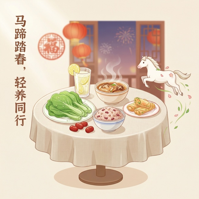 清新温暖扁平插画，浅米色背景，中心圆形餐桌铺亚麻色桌布，桌上摆着带水珠的翠绿时令蔬菜、飘热气的菌菇清汤、糙米红腰豆燕麦杂粮饭、杯壁凝有水珠带柠檬片的益生菌饮品，桌角点缀两个春卷、几颗红枣。背景虚化透出预览效果