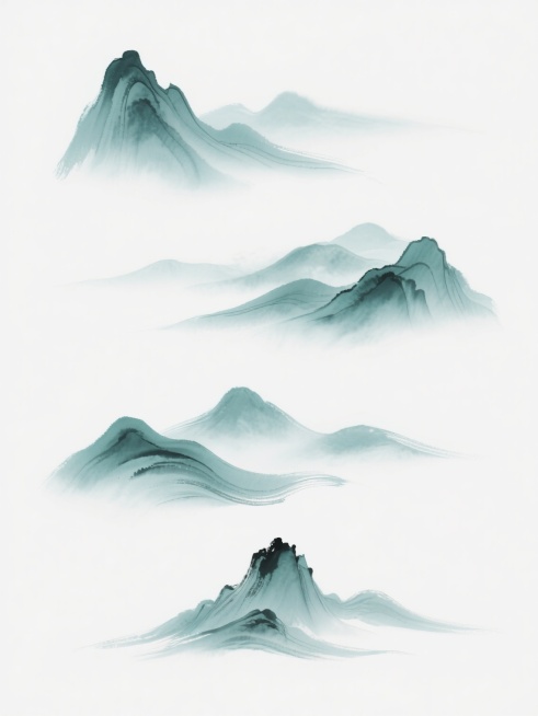 中国传统水墨风格的系列远山元素集合，采用淡雅的青绿色调，以流畅飘逸的曲线笔触描绘山峦轮廓，通过深浅不一的墨色晕染表现层次感和云雾缭绕的朦胧意境，整体画面简洁空灵，四个完全不同造型的远山元素呈规整排布，每个远山造型各具特色，有的陡峭险峻，有的平缓舒展，有的层峦叠嶂，有的孤峰独秀，均保持统一的水墨韵味和青绿色调，背景为纯净的白色，突出远山元素的雅致美感。预览效果