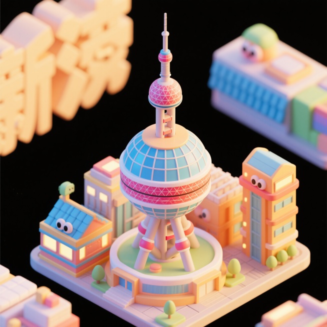 上海东方明珠建筑，圆角处理，可爱的等距瓦片3D渲染风格，背景为纯黑色，保留建筑的球体结构、塔身特征和整体轮廓，色彩鲜艳明亮，细节丰富，立体感强预览效果