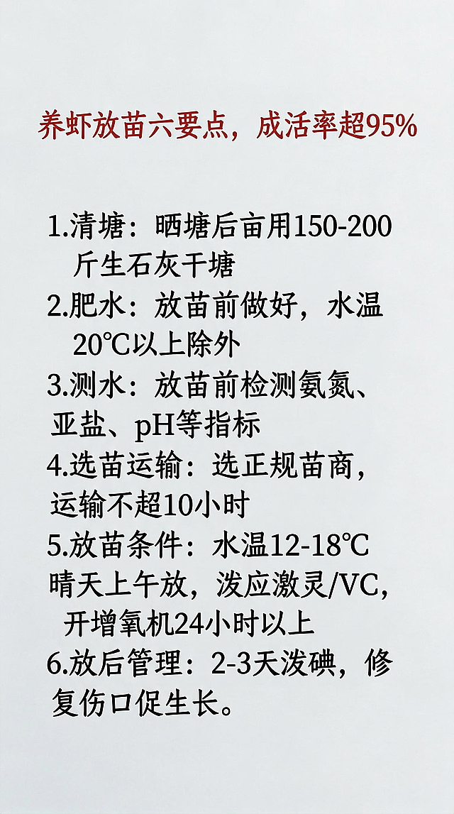 将图片文字替换为："养虾放苗六要点，成活率超95%"，红色字体，以下内容字体和原图片一致，排版合理：1.清塘：晒塘后亩用150-200斤生石灰干塘
2.肥水：放苗前做好，水温20℃以上除外
3.测水：放苗前检测氨氮、亚盐、pH等指标
4.选苗运输：选正规苗商，运输不超10小时
5.放苗条件：水温12-18℃晴天上午放，泼应激灵/VC，开增氧机24小时以上
6.放后管理：2-3天泼碘，修复伤口促生长。