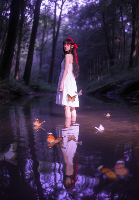 RAW photo, best quality, high detailed skin, outdoor, dark forest, girl in white dress standing in w预览效果