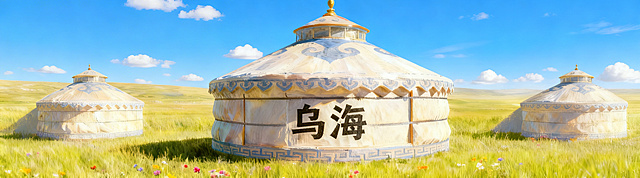 参考当前图片构图和风格，将中间蒙古包上的文字替换为“乌海”，保留蓝天小云朵、草地上彩色野花、三个蒙古包布局不变，尺寸360*100