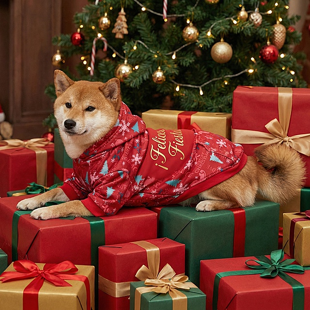 以图中的狗狗衣服为元素,生成4张跟狗狗衣服有关的图,物体主体特征不变,西班牙语,比例 「1:1」