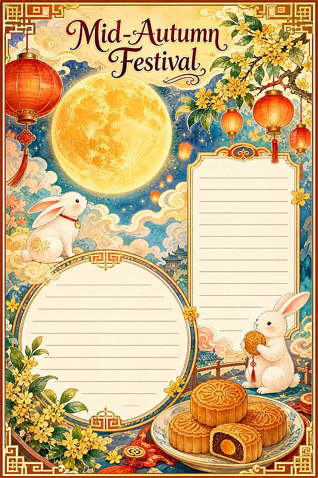 A4竖版中秋节英文手抄报模板，国风新中式手绘水彩风格，温馨梦幻的中秋氛围。画面顶部中央是英文标题"Mid-Autumn Festival"，字体优美有设计感。画面主体布满中秋节主题装饰插画：一轮大大的金色圆月、可爱的玉兔、飘香的桂花树、红色的中式灯笼、飘逸的祥云、精美的月饼、传统纹样边框。画面中下部和右侧各预留一处带横线的空白书写区域（共2处），横线整齐清晰，区域内为空白供手写文字使用。除顶部标题外，画面中没有其他任何文字。整体色彩丰富温暖，以金色、暖黄色、朱红色、青蓝色为主色调，色彩饱满有层次。四周有精致的传统花纹边框装饰，排版精美，适合打印使用。