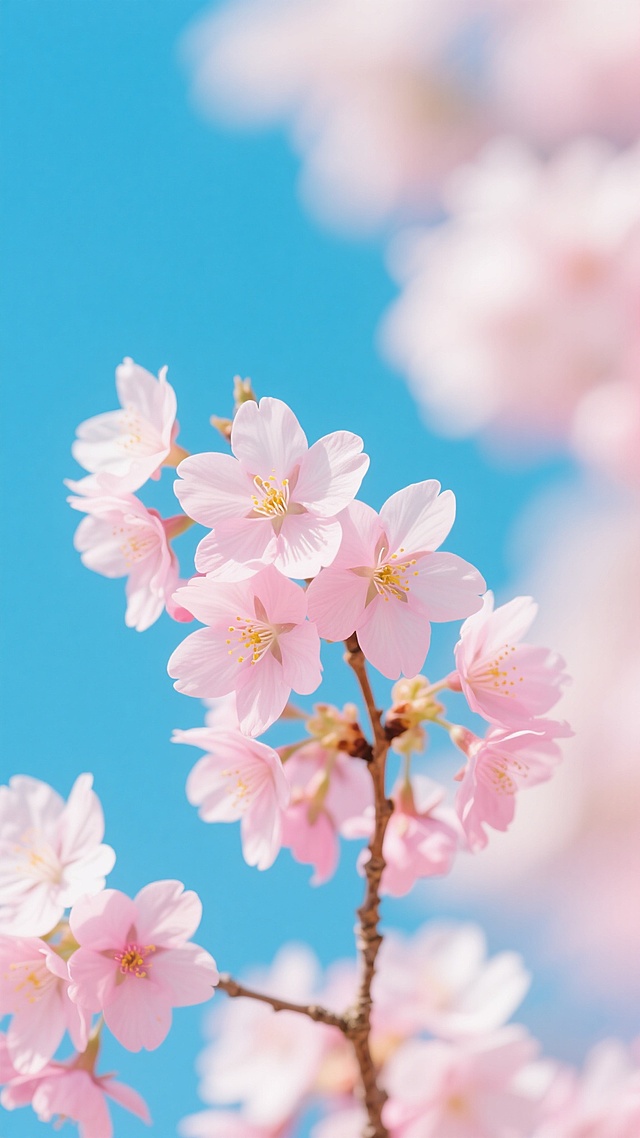 明媚阳光下绽放的粉色樱花特写，娇嫩花瓣呈现柔和渐变，花蕊点缀着淡黄色，纤细的棕色枝干支撑着繁茂的花朵，背景是纯净的浅蓝色天空，整体画面采用明亮通透的自然光，浅景深效果使前景樱花清晰锐利而背景逐渐柔和模糊，色调以粉白为主、蓝为点缀，营造出清新、浪漫、充满春日气息的氛围，高饱和度与柔和对比度展现出樱花的娇嫩质感与生机盎然。
