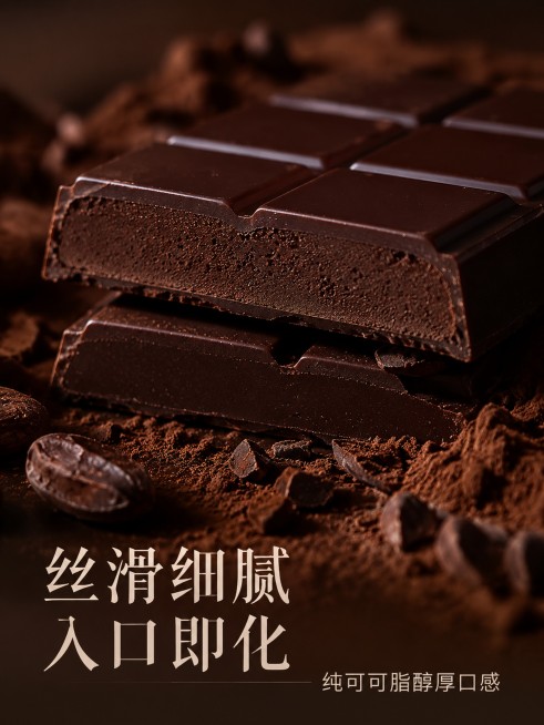 [第3屏] 可可的海巧克力切面质地特写屏。本屏使用【图1】作为商品主体。
[氛围/风格] 微距特写质感，浓郁食欲氛围，商业美食摄影。
[元素布局] 画面主体为巧克力切开后的横切面特写，占比约75%，突预览效果