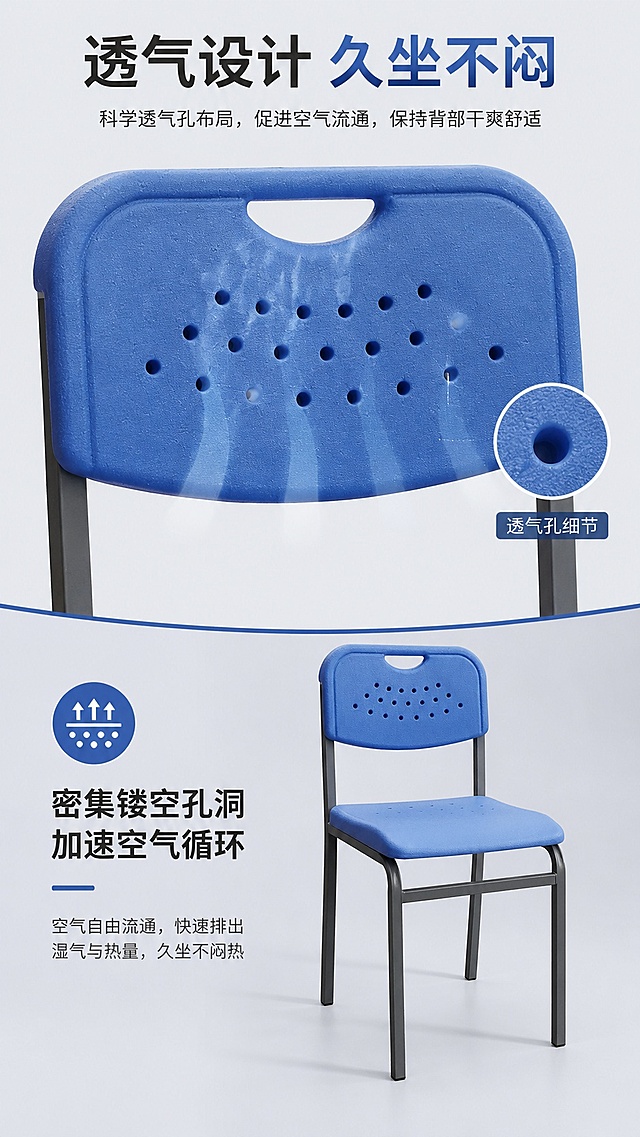 [第4屏] 核心结构解析-展示透气靠背镂空设计细节。本屏使用【图1】蓝色款展示靠背区域。
[氛围/风格] 细节特写，专业工业风，清晰展示结构材质，商业摄影质感。
[元素布局] 画面上半部分放大展示靠背透气孔细节，下半部分展示整椅效果；标注透气孔的通风设计，说明空气循环原理；靠背轮廓、孔洞分布与输入图保持一致。
[光影质感] 侧光打亮靠背纹理，突出孔洞结构，金属框架反光自然，整体清晰锐利。
[配色色系] 全局底色 #F0F2F5，主色靠背蓝色，辅助色深灰标注线，浅灰背景。
[视角构图] 上细节下整体组合构图，先看细节再看整体，动线清晰。
[文字版式] 顶部主标题「透气设计 久坐不闷」，下半标注「密集镂空孔洞 加速空气循环」；主标题醒目，说明文字清晰，不遮挡关键细节。
[比例分辨率] 9:16竖版比例，4K分辨率，文字清晰可辨，高清画质。
[负向提示词] 靠背结构变形，孔洞错乱，颜色偏差，产品模糊，文字过小，水印