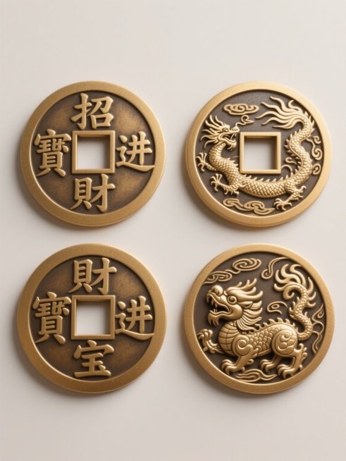 四个规整排布的不同铜钱，每个铜钱均为圆形方孔造型，表面有“招财进宝”等传统汉字及龙、凤、麒麟、貔貅等祥瑞神兽浮雕图案，呈现出古铜色与金色渐变的金属质感，浮雕细节清晰有立体感，光影柔和自然，整体造型简约现代，置于纯色背景上，无任何文字、logo和水印。预览效果