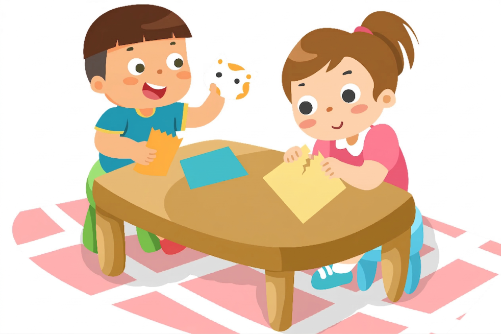 修改这个插画，把两个孩子手里的剪刀去掉，改成两个孩子用手撕彩纸，保持原有的扁平卡通插画风格不变，保留所有人物和桌子等其他元素，颜色也不改变预览效果
