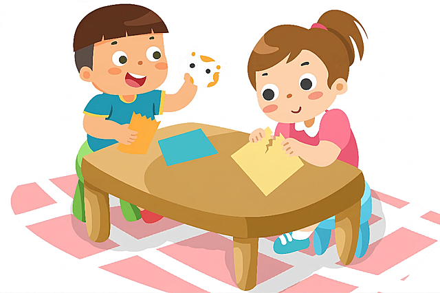 修改这个插画，把两个孩子手里的剪刀去掉，改成两个孩子用手撕彩纸，保持原有的扁平卡通插画风格不变，保留所有人物和桌子等其他元素，颜色也不改变