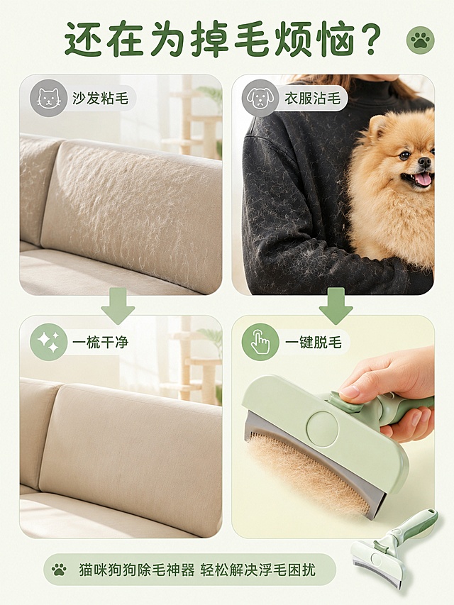 [第2屏] 详情页痛点直击-宠物掉毛四大烦恼与解决对比。本屏使用【图1】的除毛梳产品作为解决方展示，保持产品外观结构颜色一致。
[氛围/风格] 清新马卡龙风，左右对比版式，克制痛点表达，小红书种草风，商业插画+摄影结合质感。
[元素布局] 画面采用2x2四宫格布局，上排两个痛点场景，下排两个使用后效果场景；每格配小图标和短文案；中间用绿色箭头连接表示改善；右下角放置缩小版除毛梳产品图作为解决方案标识。
痛点场景1：沙发沾满猫毛；痛点场景2：衣服沾满狗毛；效果场景1：梳完毛发干干净净的沙发；效果场景2：一键推出毛团的除毛梳特写。
[光影质感] 整体均匀柔光，每格场景内有自然光影，画面明亮干净。
[配色色系] 全局底色 #F5F9F0（浅米绿）；主色 #A8D5BA（薄荷绿）；痛点区用浅灰色调，解决区用绿色调；文字深绿色。
[视角构图] 四宫格拼图，阅读动线从左上到右下，每格独立小场景。
[文字版式] 顶部大标题：「还在为掉毛烦恼？」圆润黑体。四格分别配短文案：「沙发粘毛」「衣服沾毛」「一梳干净」「一键脱毛」。底部一行小字：「猫咪狗狗除毛神器 轻松解决浮毛困扰」。文字清晰可读，移动端友好。
[比例分辨率] 3:4竖版比例，4K分辨率，文字清晰可辨，高清画质。
[负向提示词] 产品变形，颜色偏差，水印，文字错乱，毛发恶心密集，痛点场景夸张恐怖。