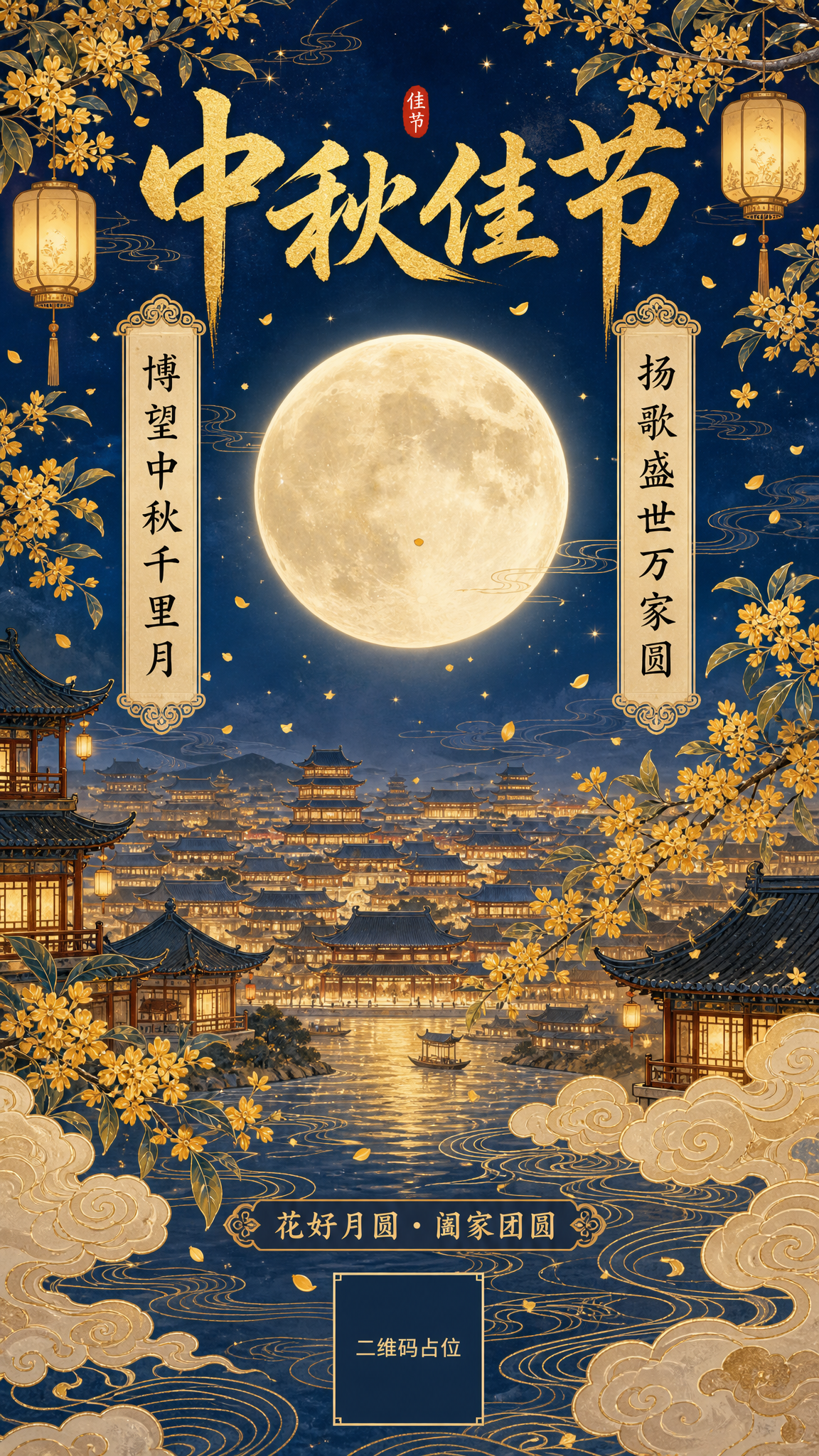 国风新中式工笔风格中秋节海报，竖版9:16。画面主体：一轮硕大… - 图片创意预览