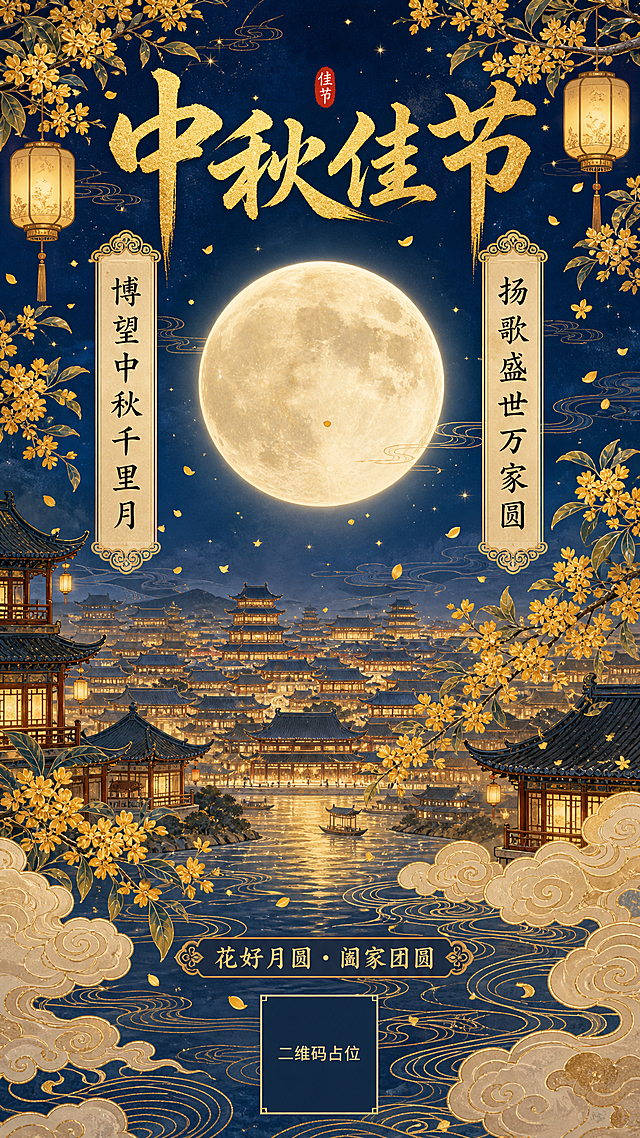 国风新中式工笔风格中秋节海报，竖版9:16。画面主体：一轮硕大皎洁的满月高悬于深邃的藏蓝色夜空，月光如水倾泻，洒向人间万家灯火。远景是层叠起伏的中国古典建筑群，飞檐翘角，灯火通明，呈现盛世繁华景象。中景有几枝盛放的金色桂花枝桠从画面左右两侧伸入，花瓣飘落，暗香浮动。画面下方有淡淡的祥云纹样和水波纹装饰。整体色调以藏蓝、金黄、月白为主，典雅华贵，充满中秋节日氛围。

文字排版：画面上方居中位置是主标题"中秋佳节"四个大字，采用金色书法字体，端庄大气。主标题下方是对联，左右对称竖排呈现——左侧上联"博望中秋千里月"，右侧下联"扬歌盛世万家圆"，均为黑色或深金色楷书字体，竖排书写，配有细金线装饰边框。画面底部中央有装饰性短句"花好月圆 · 阖家团圆"，字体较小，点缀其间。

版式精美，构图对称均衡，留白得当，传统工笔画质感，线条细腻，色彩温润，意境深远。画面中所有信息区域填充完整合理内容，无空白占位。画面中所有二维码区域使用纯色方块占位符呈现，方块中央标注"二维码占位"文字，严禁生成任何可识别的二维码图案。