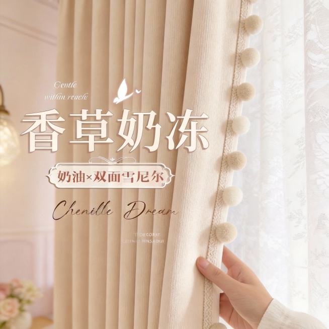 不改变窗帘的面料材质，切换不同的家装场景（最好是梦幻少女奶油风），改变角度，保留文字，一次生成4张；预览效果