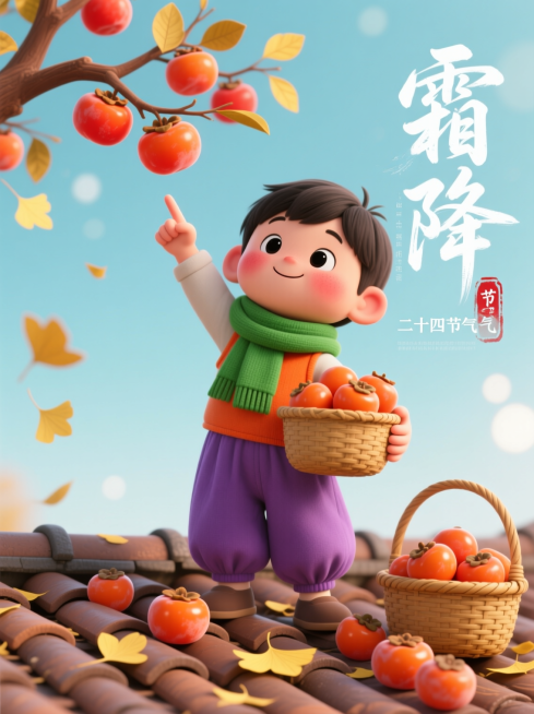 3D卡通插画风格，画面主体为绿色围巾的卡通可爱小男孩，身体比例夸张，头大身体小，面部圆润带红色不明显的腮红，黑色大眼睛呈微笑状，身着橙色背心与紫色灯笼裤，右手高举指向挂满橙红柿子的树枝，左手捧着装满柿预览效果