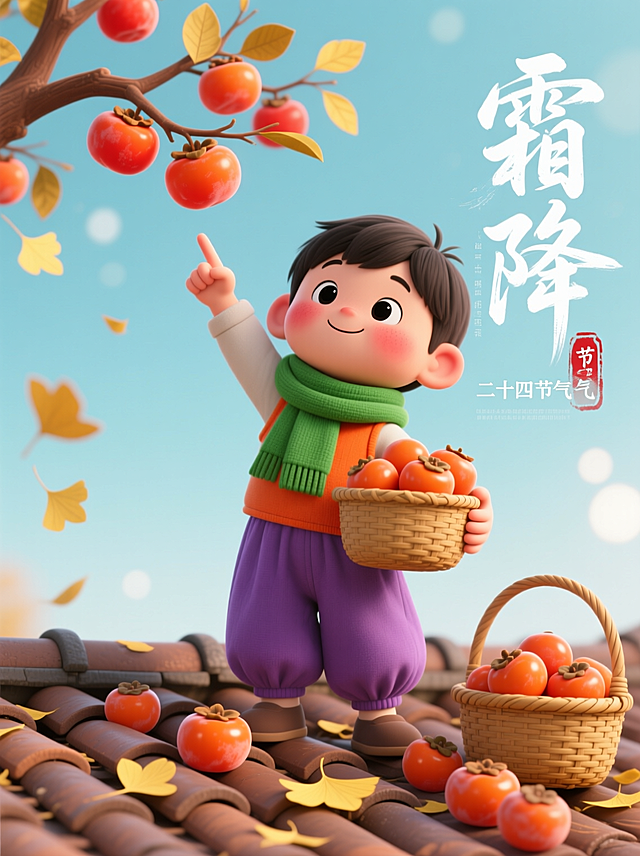 3D卡通插画风格，画面主体为绿色围巾的卡通可爱小男孩，身体比例夸张，头大身体小，面部圆润带红色不明显的腮红，黑色大眼睛呈微笑状，身着橙色背心与紫色灯笼裤，右手高举指向挂满橙红柿子的树枝，左手捧着装满柿子的竹编篮。人物站立于棕色瓦片屋顶（瓦片纹理立体清晰），脚下散落多个带光泽的柿子与黄色银杏叶，右侧地面置有同款式竹编篮（内满装柿子）。背景为浅蓝色渐变天空，左上角延伸出棕色树枝，枝头挂满橙红柿子与飘落的黄色叶片。画面左侧竖排白色书法字体“霜降”（字体飘逸），错落有致的排版，搭配红色边框印章“节气”进行排版，竖排排版，传统中国毛笔书法风格，兼具行书的流畅洒脱与草书的灵动气韵，整体给人一种清雅、富有诗意的感觉，下方配白色宋体小字“二十四节气”，整体以绿、橙、紫为主色调，OC渲染技术呈现高清细节：人物面部光影柔和，柿子表面有通透光泽，竹篮编织纹理分明，背景添加柔和光斑。整体呈现温馨有趣可爱的画面，色彩明快，对比强烈。