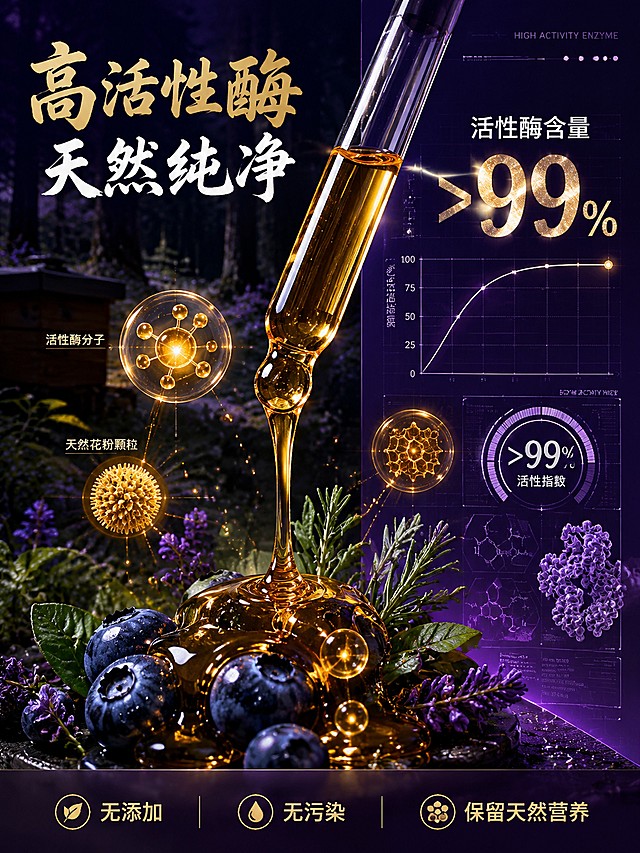 「图片1」，生成一套详情页，商品名称为黑蜂原蜜，适配淘宝/天猫平台，单图比例为3:4，需求屏数为9张。1. 首屏海报图（英雄视觉）
用途： 首页大图，建立高端品牌形象。

中文提示词：

电影级广角构图，一滴浓稠的琥珀色黑蜂原蜜正从空中滴落，在深色石板表面上溅起金色的蜜花。背景中，一只体型健硕的西伯利亚黑蜂翅膀透明，定格在飞行瞬间。光线氛围：戏剧性的明暗对比，侧逆光如同森林中穿透的金色阳光，形成神圣的光束效果。画面风格：国家地理级微距摄影，细节极度丰富，8K超高清，背景虚化梦幻，整体氛围神秘奢华，具有获奖大片的质感。画面角落若隐若现一枚金色奖章徽记，暗示“第46届国际养蜂大会金奖”的荣誉。

2. 品牌故事图（金奖背书）
用途： 展示团队与荣誉，建立信任感。

中文提示词：

养蜂人肖像特写，一位饱经风霜、眼神坚定的老蜂农，身穿传统白色防护服，双手小心翼翼地捧着一块挂满新鲜黑蜂蜜的巢框。他正站在领奖台上，手中接过一座闪闪发光的金色奖杯。背景：采用分屏构图，左边是幽暗原始的森林，右边是庄重的国际大会颁奖现场。整体氛围：充满敬意和传承感，色调复古偏暖，带有怀旧的棕褐色质感。景深：中景构图，浅景深，焦点清晰落在胸前悬挂的金牌细节上，突出“金奖团队”的身份。

3. 核心卖点图（纯净/高活性酶）
用途： 强调高活性酶、无添加、纯净。

中文提示词：

高科技实验室与自然融合的画面，特写镜头下，一根玻璃滴管正在吸取黑蜂蜜，周围漂浮着发光的酶分子和花粉颗粒的微观结构示意图。蜂蜜正缓缓流淌在新鲜有机蓝莓和野生香草之上。背景：画面左右分割，左侧是野外的森林，右侧是干净的科学数据图表，显示“活性指数 > 99%”。光线：清冷的实验室照明与蜂蜜温暖的琥珀色形成鲜明对比。风格：3D立体渲染效果，未来感生物设计，焦点锐利，主色调为深邃的紫色和金色，科技感十足。

4. 细节展示图（质地与结晶）
用途： 展示蜂蜜的浓稠度和外观细节。

中文提示词：

极限微距纹理拍摄，一把粗糙质朴的木质蜂蜜棒（蘸棒）旋转提起，上面裹满了浓稠、呈奶油状结晶的黑蜂蜜，还能看到细小的蜂巢颗粒。蜂蜜如同金色丝带一样缠绕在木棒上。背景：纯黑色背景，以最大程度凸显蜂蜜金黄色的透明度和深邃的暗褐色光泽。光线：专业摄影棚柔光灯从背后打光，使蜂蜜边缘形成通透发光的效果。风格：商业产品摄影，焦点堆叠技术，超写实，呈现出高级化妆品广告级别的质感。

5. 蜜源地采蜜流程图（溯源）
用途： 展示从森林到餐桌的源头。

中文提示词：

纵向多格故事板插画，一幅完整的采蜜流程图：第一格是阿尔泰山脉深处 untouched 的野生森林，晨露未干；第二格是黑蜂在高山野生花朵（如杜鹃花或金合欢）上采集花蜜；第三格是蜂农在传统木制蜂箱旁进行人工熏蜂取蜜；第四格是使用手动离心机摇蜜过滤的场景。整体风格：采用写实摄影与手绘水彩插画结合的形式，色调以自然的翠绿和大地色为主，既具有艺术美感，又能清晰传达生产流程信息。

6. 营养价值图（健康成分）
用途： 视觉化传达营养数据。

中文提示词：

俯视摆拍信息图，在一张复古木桌上，一瓶黑蜂原蜜被核桃仁、蜂王浆、蜂胶、人参片和维生素C胶囊等天然超级食物环绕。金色的线条将这些食材连接起来，形成加号（+）、爱心和DNA双螺旋结构等象征健康的图形元素。画面中漂浮着半透明的金色圆环图表，标注着“维生素、矿物质、抗氧化剂”。风格：健康杂志的编辑风格摄影，色彩鲜艳诱人，画面干净整洁，非常有食欲感。

7. 产品信息图（包装展示）
用途： 清晰展示产品瓶身、标签、规格。

中文提示词：

360度产品定妆照，一个高级感十足的六边形玻璃罐，里面装满黑蜂原蜜。瓶身标签采用黑金配色，浮雕工艺印有一只黑蜂标志和“第46届国际养蜂大会金奖”的中文字样。旁边搭配着一个小玻璃瓶装的蜂胶和一根木质蜂蜜勺。光线：柔和的渐变布光，纯白色背景（方便后期抠图使用）。风格：商业电商产品渲染图，画面极简、干净、现代，充满轻奢设计感。

8. 最佳食用方法图（场景应用）
用途： 教用户如何吃（如：温水冲服、抹面包）。

中文提示词：

温馨的晨间早餐场景，一杯冒着热气的黑蜂蜜温水放在木质托盘上，水汽袅袅升起。旁边有一片刚烤好的酸面包，上面涂抹着厚厚的黄油，正在滴落黑蜂原蜜，光泽诱人。背景里有一小瓶新鲜采摘的野花。光线：清晨柔和的阳光从窗户斜射进来，镜头处有漂亮的眩光光晕。风格：生活化抓拍风格，暖色调滤镜，画面充满烟火气和温馨感，浅景深让主体格外突出。

9. 场景展示图（高端礼品/生活）
用途： 放在客厅或作为高端礼品展示。

中文提示词：

高端礼盒套装展示，一个精致的木质礼盒被打开，里面整齐摆放着黑蜂原蜜罐、一把纯银蜂蜜勺和一条真丝方巾。礼盒被放置在现代简约风格的大理石茶几上，背景是模糊处理的轻奢风客厅，有壁炉和深色实木书架。光线：温暖的室内环境光，一束聚光灯精准打在礼盒产品上。风格：室内设计摄影，家居杂志大片风格，画面优雅、高级，体现出礼品的高端定位。