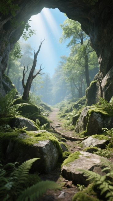 超写实3D渲染风格的森林场景，画面以明亮通透的自然光为主光源，阳光从洞口上方斜射而下形成柔和的光晕，整体色调为清新的绿色与岩石的灰褐色相融合，光影对比鲜明。近景是覆盖着鲜嫩青苔的不规则岩石，表面纹理清晰可见，石缝中生长着细小的蕨类植物；中景为蜿蜒的小径通向洞穴深处，两侧有枯树干与茂密的绿色枝叶交错；背景呈现朦胧的蓝色天空与远处模糊的树木轮廓，营造出神秘而宁静的氛围。画面采用纵深构图，前景岩石细……预览效果