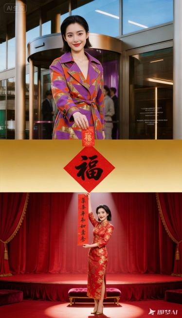 【上层场景，占比45%】：公司门口（参考图1） 。身穿紫色+橙色的拼接时尚质感高级定制高定服饰（参考图3）的高级亚洲模特（参考图2），她大眼睛双眼皮，长相很时髦，微笑，齐肩短发大背头，模特站旋转门口迎预览效果