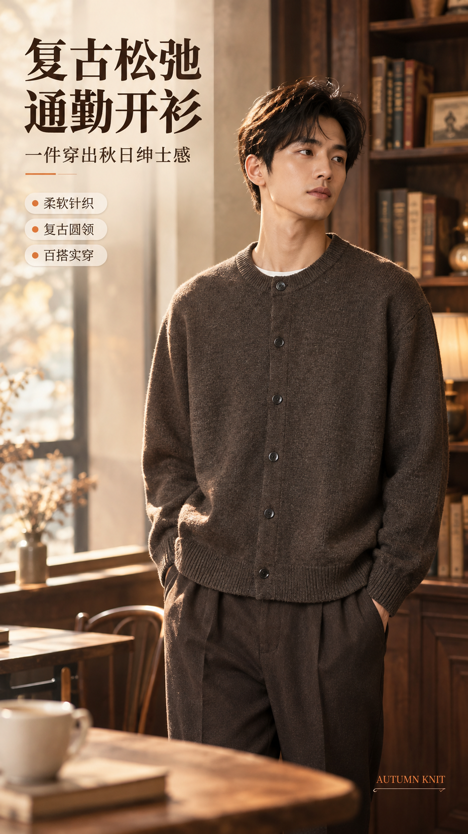 [商品] 使用【图1】深咖色男士圆领针织开衫；商品处理：保留圆… - 图片创意预览