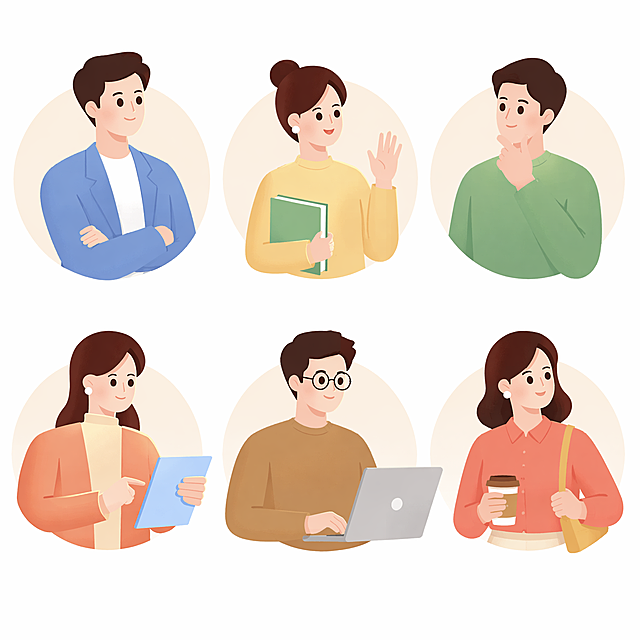 参考图片的扁平插画风格，生成一组3男3女的人物，每个人表情姿势不同，衣服颜色和款式各不相同，保留圆角圆形背景和米色浅底的构图风格