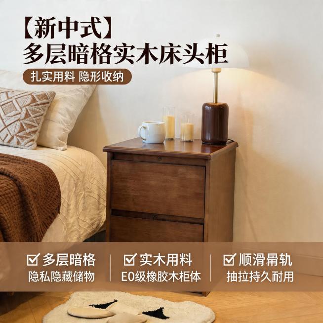 [主图 1] 新中式简约风床头柜空间场景首图。
[氛围风格] 温馨居家生活感，新中式简约风，整洁收纳秩序感。
[画质] 商业摄影质感、光线柔和通透、产品清晰真实、画面干净高级。
[元素] 深胡桃色实木预览效果