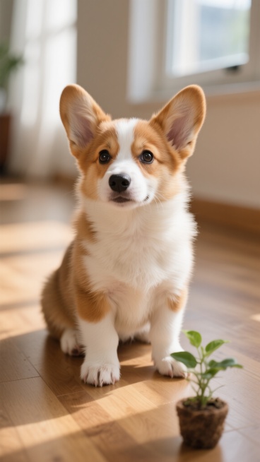 一只可爱的柯基幼犬，棕白相间的毛发柔软蓬松，耳朵竖立，眼神清澈专注，前爪旁有一株小绿植，坐在木地板上，背景是温馨明亮的室内环境，阳光透过窗户洒下柔和的光影，整体氛围温暖舒适，高清写实摄影风格，浅景深，主体突出，色彩自然和谐。预览效果